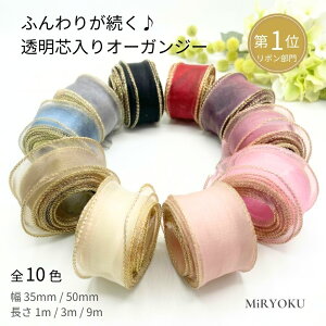 S透明芯入り オーガンジー リボン 手芸 【35mm 50mm】1m 3m 9m アンティーク ゴールドライン ハンドメ