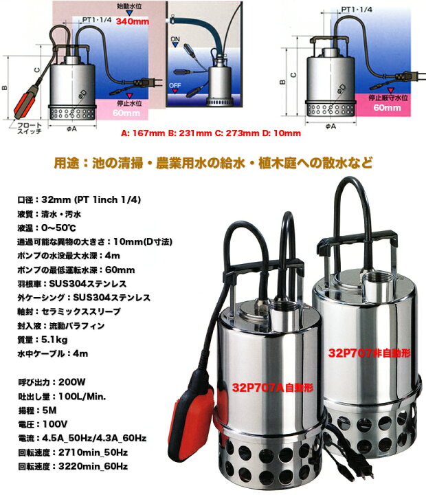 楽天市場】エバラ製作所 ステンレス水中ポンプ PONTOS 自動形 口径32mm 