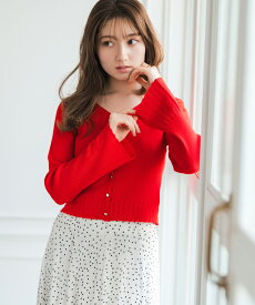 【30%OFF】【2026春夏アイテム】透かし柄フレア袖配色スパークカーディガン/MM618405 ミッシュマッシュ 長袖 羽織り ショート丈 透け感 Vネック フレア 透かし柄