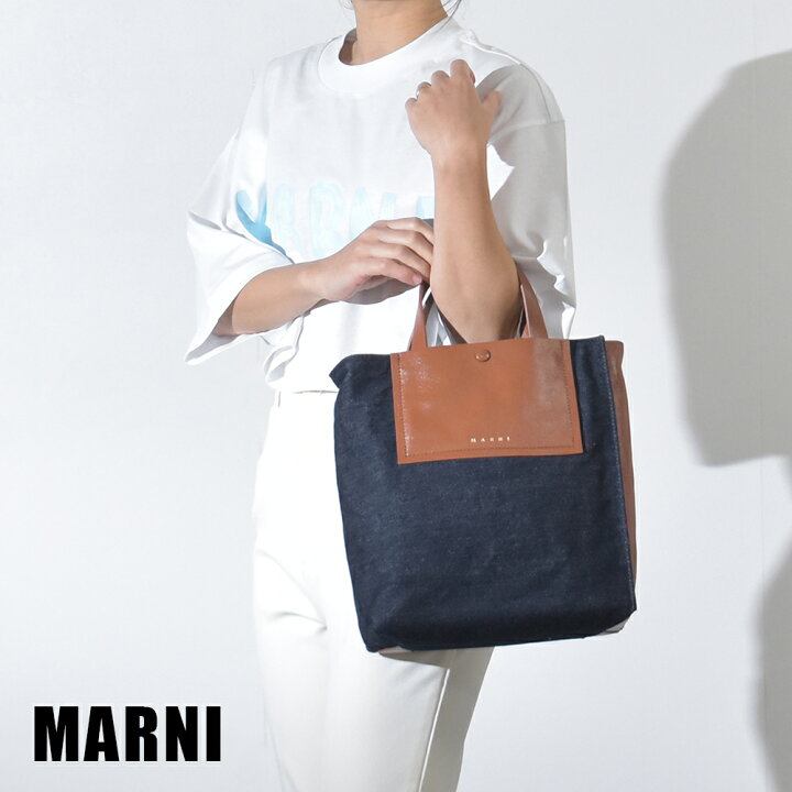 楽天市場】マルニ バッグ デニム 本革 ネイビー ブラウン 縦型 ロゴ  