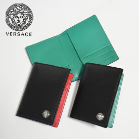 ヴェルサーチ カードケース スリム メンズ レディース 薄型 本革 VERSACE パスケース 定期入れ ブランド メデューサ バイカラー 黒 1006119