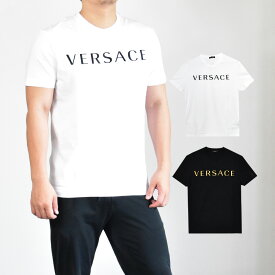 ヴェルサーチ Tシャツ メンズ VERSACE 半袖 ブランド 刺繍ロゴ ロゴ クルーネック ワンポイント カットソー A87021S ブラック 黒 ホワイト 白 ゴールド L XL