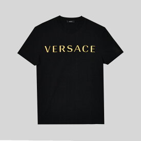 ヴェルサーチ Tシャツ メンズ VERSACE 半袖 ブランド 刺繍ロゴ ロゴ クルーネック ワンポイント カットソー A87021S ブラック 黒 ホワイト 白 ゴールド L XL