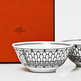 【2点セット】エルメス HERMES アッシュデコ H DECO 037084 ライスボウル 茶碗 中鉢 12.5cm ホワイト×ブラック 絵皿 装飾 陶器