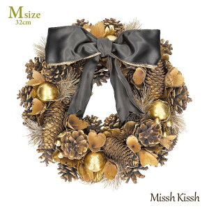 クリスマスリース 32cm ゴールド リボン まつぼっくり Mサイズ LED Ribbon Wreath GoldGlitterPine M