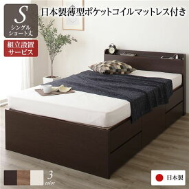 ポイント10倍＆3%OFF 〔組立設置サービス付〕 収納 ベッド 薄型 宮付 シングル 国産 ポケットコイルマットレス ダークブラウン 日本製 2口 コンセント 棚付 宮棚付 引き出し収納 頑丈ボックス収納 チェストベッド チェストベット 収納ベット ショートシングル...【代引NG】