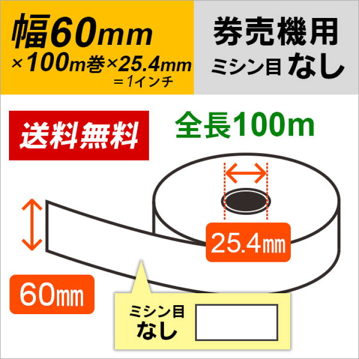 楽天市場】売機用ロール紙 紙幅60mm×100m×25.4mm (1インチ) 白紙 紙厚 