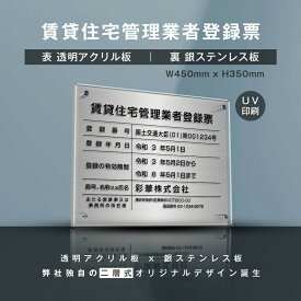 賃貸住宅管理業者登録票『透明アクリル×銀ステンレス』W45cm×H35cm お洒落な二層式 法定サイズ UV印刷加工 選べる4書体 宅建 業者票 運搬業 運搬業者票 許可書 事務所 法定看板 看板gs-pl-pdzz-t-sil