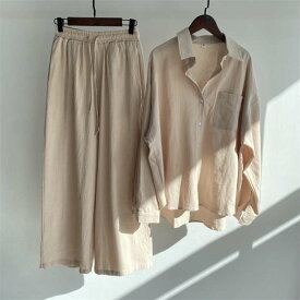2点セット セットアップ レディース シャツ リネン コットン ワイドパンツ ドルマンシャツ ブラウス 綿麻 長袖 春 秋 ドルマン ビッグシルエット 大きいサイズ 体型カバー シンプル カジュアル 女性らしい きれいめ ルームウェア