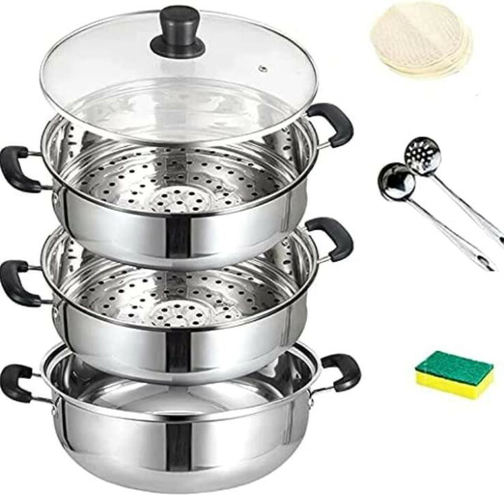 燕三 IH対応ステンレス三段蒸し鍋18cm 蒸し鍋 蒸し器 二段 三段 蓋付 304ステンレス蒸し器鍋 3層底 多機能 深型 兼用鍋 調理器具 各種熱源対応 多機能 家庭用 業