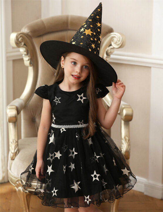 楽天市場 コスプレ 衣装 キッズ ハロウィン 仮装 魔女 衣装 子供 女の子 コスチューム ハロウィン 衣装 子ども ドレス 女の子 こども ワンピース 帽子付き 可愛い パーティードレス エレガント 洋服 膝丈 きれいめ お呼ばれ レース 星柄 仮装 発表会衣装 保育園