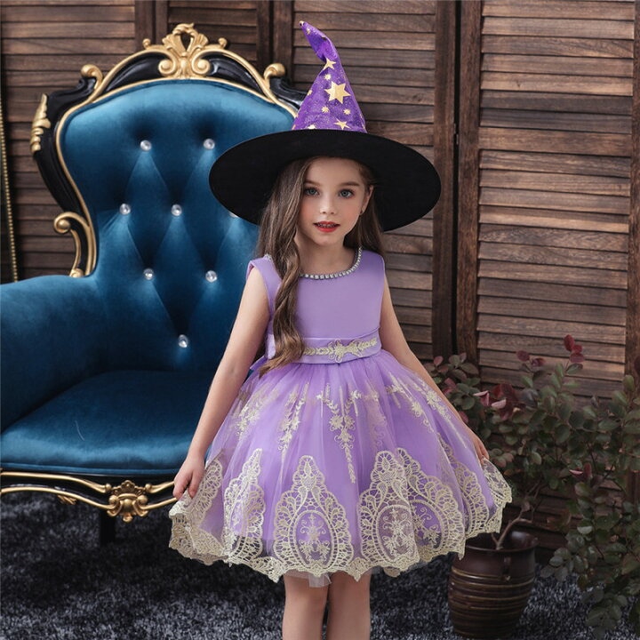 楽天市場 キッズ ハロウィン 仮装 魔女 衣装 ハロウインクロース 魔法帽 子供 女の子 コスチューム ハロウィン 衣装 子ども ドレス 女の子 こども ワンピース 帽子付き 可愛い コスプレ 衣装 パーティードレス エレガント 洋服 膝丈 きれいめ お呼ばれ レース 発表会衣装