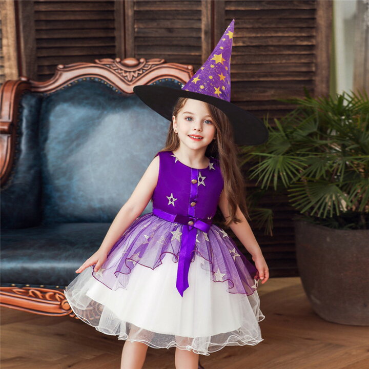 人気アイテム キッズ スカート コスプレ ハロウィン 仮装 魔女 子供 女の子 コスチューム 衣装 子ども ドレス こども ワンピース 帽子付き パーティードレス 洋服 レース Materialworldblog Com