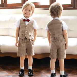 【 送料無料】4点セット 子供スーツ フォーマルスーツ 子供服 ベビー服 男の子 紳士服 スーツ 半袖シャツ ハーフパンツ ネクタイ ベスト セットアップ アウターウェア おしゃれ 快適 結婚式