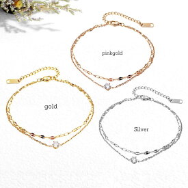 サージカルステンレス ブレスレット アンクレット ステンレス 2連 つけっぱなし レディース 2連チェーン 金属アレルギー 六爪 CZダイヤ（ジルコニア) 18K ピンクゴールド ゴールド シルバー チェーン シンプル 2連ブレスレット 細め かわい 華奢 アンクレットかわいい