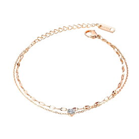サージカルステンレス アンクレット つけっぱなし レディース シンプル ブレスレット つけっぱなし 金属アレルギー対応 2連チェーン ニ連 CZダイヤ 6爪 1粒シンプル (ジルコニア) k18 金メッキ ピンクゴールド ゴールド シルバー 金属アレルギー ブレスレット チェーン 細め