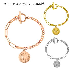 メダル コイン ブレスレット サージカルステンレス 金属アレルギー対応 レディース メンズ シンプル k18 金 メッキ ピンクゴールド ゴールド シルバー ステンレスブレスレット メダルチャーム カジュアル かわいい おしゃれ 誕生日 記念日 プレゼント ユニセックス シンプル