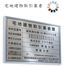 宅地建物取引業者票　モダンシルバー　令和7年4月改定版　送料無料　選べる4書体・4枠　撥水加工　錆びない 看板　法定サイズクリア　ヘアライン仕様　540mm×380mm　宅建業者票