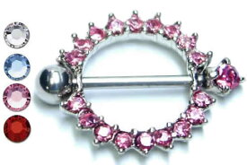 [ 14G ニップル 乳首 ] ソレイユニップルピアス ストレートバーベル シールド 1個販売 14ゲージ 胸 乳輪 ボディピアス メンズ レディース サージカルステンレス316L ボディーピアス 乳首ピアス ジルコニア 太陽 ピンク レッド アクア サファイア 赤色 青色 キラキラ 人気