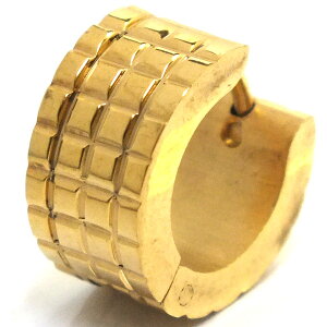 ゴールドサンシャインフープピアス 1個販売 金色 ワイド 格子状 チェック柄 18G 18ゲージ 耳 軟骨 リングピアス サージカルステンレス メンズ レディース ワンタッチリング シングルピアス 片