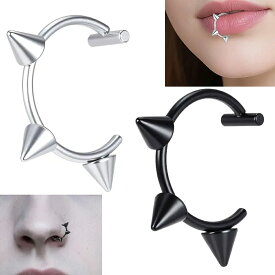 トリプルスパイクコーンステンレスイヤーカフ 1個販売 シルバー ブラック 円錐 パンク ロック フェイクピアス ノンホールピアス リップフープ クチ 口 ノーズリング 鼻ピアス 軟骨 イヤカフ メンズ レディース リングピアス風 はさむ クリップ イヤリング 結婚式 学校