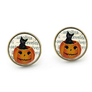 ハロウィンピアス(パンプキンキャット)/1個販売 かぼちゃ 黒猫 クロネコのピアス メンズ レディース ペア ジャックランタン ファッションピアス レギュラーピアス シングルピアス