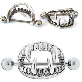 [ 14G ニップル 乳首 ] バンパイアニップルピアス 牙 吸血鬼 おもしろ ユニーク 面白い オモシロ ストレートバーベル シールド 14ゲージ 胸 乳輪 ボディピアス メンズ レディース サージカルステンレス316L ボディーピアス ジュエリー 軟骨 ヘリックス カフ型