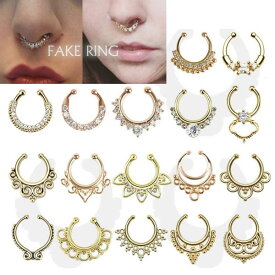 ゴールド ノンホールピアス フェイクリングピアス ノンホール フープピアス風 1個販売 フェイク鼻ピアス セプタム ノーズクリップ 耳たぶ 軟骨 イヤーカフ ヘリックス メンズ レディース イヤリング ノーズリング 金色 鼻の真ん中のピアス イエローゴールド 開けない