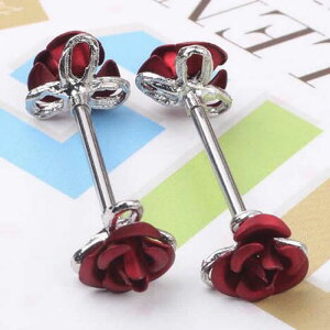 レッドローズバーベル 14ゲージ 14G 薔薇 赤いバラ 花 フラワー レッド ボディピアス サージカルステンレス316L レディース 軟骨 ヘリックス ニップル 乳首 ストレートバーベル メンズ 立体 3D