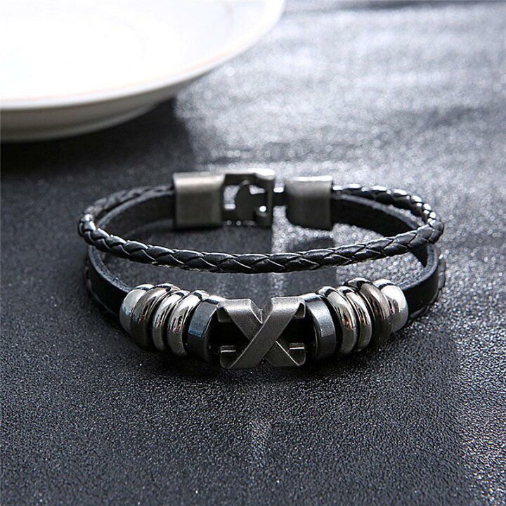 楽天市場】エックス3連ラップブラックレザーブレスレット 黒革 黒い皮 