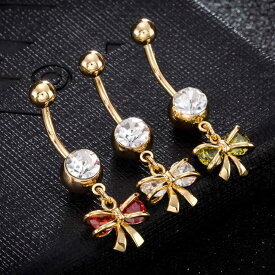 ボウタイゴールド へそピアス 14ゲージ 14G ヘソピアス 臍ピアス 金色 クリスタル リボン りぼん レッド グリーン ペリドット メンズ レディース ボディピアス ボディーピアス サージカルステンレス316L バナナバーベル カーブバーベル ネイブル ネイベル プレゼント 14ga