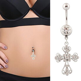 ウリエルクロスへそピアス 14G 14ゲージ ジルコニア ラインストーン ヘソピアス 臍ピアス ボディピアス316L サージカルステンレス ネイブル ボディーピアス メンズ レディース へそピ バナナバーベル ヘソピ カーブバーベル 揺れる 十字架 クリスタル 大きい ジルコニア