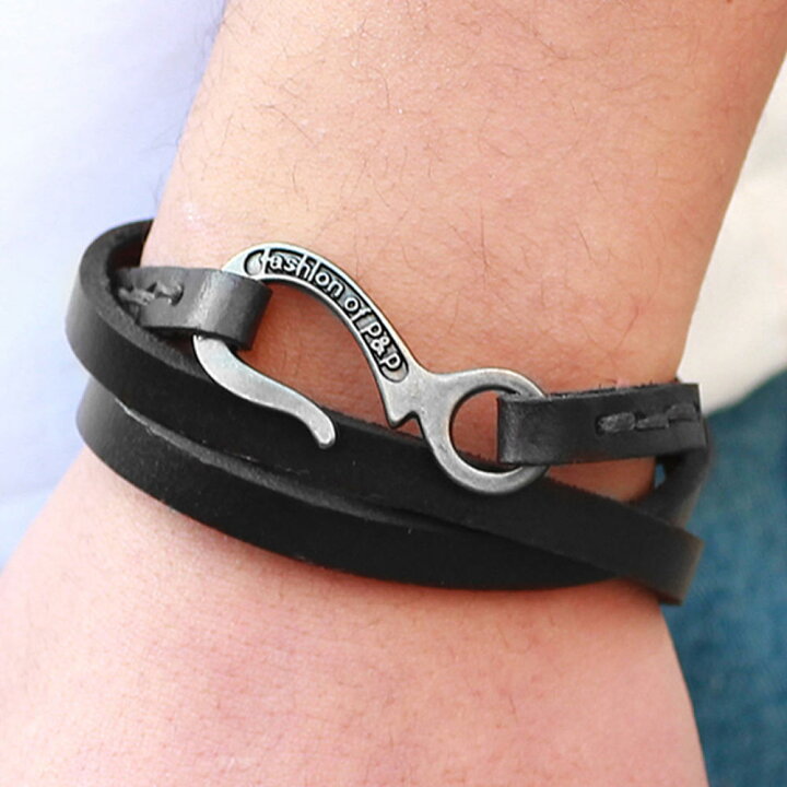 楽天市場 ブラックレザーフィッシュフックラップブレスレット 黒革 黒い皮 手首 釣り針 釣針 3連 3周 グルグル巻き 重ね付け 革紐 皮ひも レザーアクセサリー メンズ レディース 彼氏 父の日 プレゼント 夏 クリスマス 秋 春 冬 男性 編み込み バングル アームレット