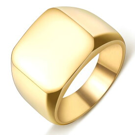 ゴールド印台型ステンレスリング（RWI013） サイズ/15号/18号/20号/21号/23号/26号/28号/31号/33号 シンプル 金色 金メッキ 鏡面 ハンコのような指輪 サージカルステンレス316L メンズ レディース ペアリング プレゼント ギフト 結婚 記念日 誕生日 男性 人気 大きい