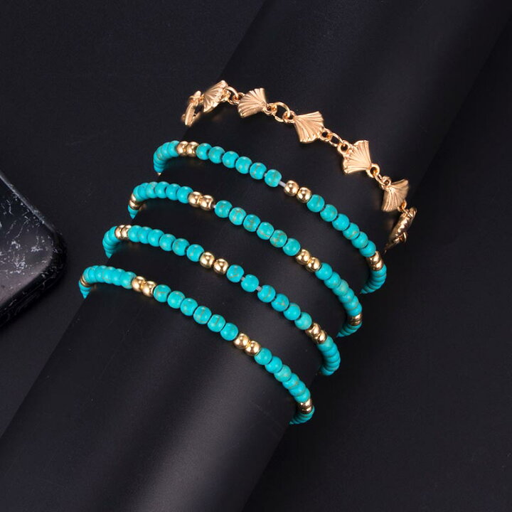 楽天市場】ターコイズゴールドビーズアンクレット4本とゴールドシェル  