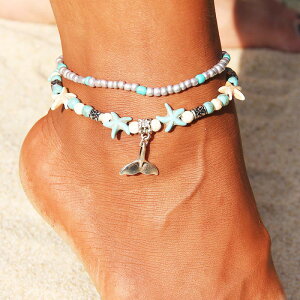 2連ボヘミアンドルフィンテールアンクレット レディース 重ね付け 2周 ヒトデ 海星 ターコイズ トルコ石 ホワイトターコイズ 白色 青色 メンズ ペア ブレスレット 手首 インディアンジュエ