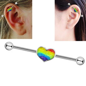 [14G インダストリアル 長いバーベル] レインボーラメハート ストレートバーベル ボディピアス 14ゲージ ボディーピアス サージカルステンレス316L ボール キラキラ 虹色 メンズ レディース 軟骨 耳たぶ 繋げる つなげる ロングバーベル メガバーベル 女子 プレゼント ギフト