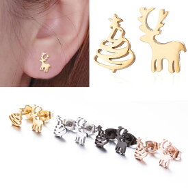 クリスマスツリーとトナカイのステンレスピアス/1ペア販売 両耳 シルバー ゴールド ブラック 金色 黒色 ピンクゴールド 動物 アニマル 可愛い シカ 木 サンタクロース 面白い おもしろ レディース メンズ 20G 20ゲージ プレゼント ギフト クリスマス 人気 イベント 星 スター