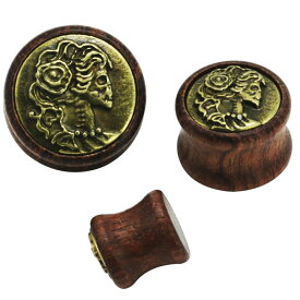 [0G 00G 12mm ボディーピアス] 花嫁スカルウッドプラグ ボディピアス 0ゲージ 00ゲージ 12.0mm 12ミリ 1/2 木製 金属アレルギー対応 天然素材 ダブルフレア メンズ レディース アンティークゴールド プラグ ホール系 拡張 プレゼント ギフト ドクロ 髑髏 ガイコツ がい骨