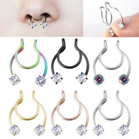 [ノンホールピアス イヤーカフ ボディピアス] SUS316Lサーキュラー風 ジュエルフェイクピアス 鼻ピアス 1個販売 挟む メンズ レディース サージカルステンレス316L クリップ 耳 シルバー ゴールド ピンクゴールド 黒色 ブラック 虹色 レインボー ニップル 乳首 ジルコニア