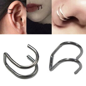 J型メタルブラックダブルステンレスイヤーカフ 1個販売 16G風 軟骨 イヤカフ メンズ レディース ノンホールピアス イヤリング フェイクピアス 黒色 2連 リングピアス風 シンプル はさむ クリップ イヤリング 結婚式 学校 人気 2個 鼻 耳 口 ノーズリング リップ ヘリックス