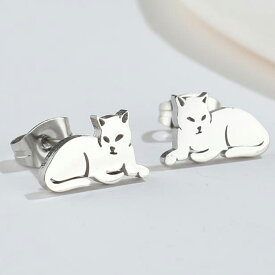 親猫 ステンレスピアス（1ペア）両耳 ファッションピアス ねこ ネコ キャット キャッツ 動物 アニマル 男 女 銀色 シルバー メンズ レディース 男性 女性 20G 20ゲージ 耳 軟骨 キャッチピアス スタッドピアス 人気 プレゼント ギフト 彼女 彼氏 かわいい 可愛い イベント