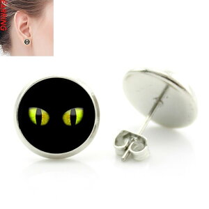 14mm カボションピアス (ブラックキャットアイ) 1ペア 両耳 くろねこ 黒猫 クロネコ 目 眼 アニマル 動物 ペットショップ トリマー 店員 丸型 丸い カボーション 20G 20ゲージ ファッションピア