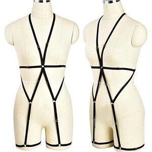 ボンデージ風 ブラックボディーハーネス (セクシーポールダンサー) スレイブベルト ガーターベルト ネックレス 首飾り ウエスト 全身タイツ レディース 黒色 SM風 コスプレ 仮装 スレーブ ボ