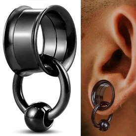 [2G 0G 00G 12mm ボディピアス] ホールトゥピアス ネジフレア ボディーピアス (ブラック/キャプティブビーズリング風) 1個販売 2ゲージ 0ゲージ 00ゲージ 12ミリ 12.0mm メンズ レディース サージカルステンレス316L プラグ プレゼント ねじ 黒色 ノンホールピアス CBR型