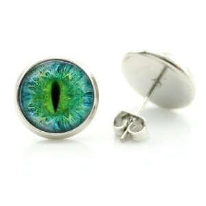 14mm カボションピアス (シャークアイ) 1ペア 両耳 緑の目 眼 目玉 眼球 緑色 グリーン ドールアイ ヘビ へび 蛇 スネイク スネークドラゴン 竜 龍 ワニ 丸型 丸い カボーション 20G 20ゲージ スタ