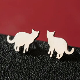 シルエットキャット ステンレスピアス（1ペア） 両耳 ファッションピアス 影絵 顔 猫 ねこ ネコ キャット ペットショップ 動物 アニマル カワイイ 銀色 シルバー メンズ レディース 男性 女性 20G 20ゲージ 耳 軟骨 キャッチピアス スタッドピアス 面白い 両耳
