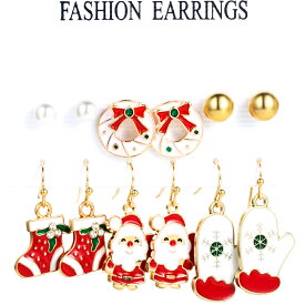 クリスマスイベントピアス 6ペアセット販売 真珠 パール リース ゴールドボール 靴下 くつした サンタクロース 手袋 テブクロ 雪だるま 冬 12月 面白い 可愛い 金色 ゴールドメッキ チャーム メンズ レディース プレゼント ギフト 20G 20ゲージ 揺れる