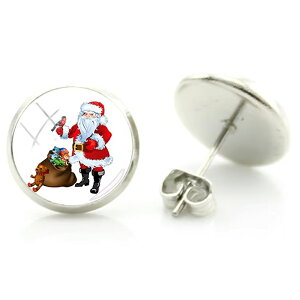 14mm カボションピアス (プレゼントを持ってきたサンタクロース) 1ペア 赤色 レッド サンタさん 12月 イベント 丸型 丸い カボーション 20G 20ゲージ 20g ファッションピアス シルバー 銀色