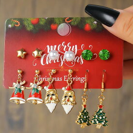 クリスマスイベントピアス 6ペアセット販売 ゴールドスター 星 真珠 パール ジュエル ストーン 鐘 ベル 鈴 ペリドット 緑色 ジルコニア 靴下 クリスマスツリー サンタクロース 冬 12月 面白い 可愛い 金色 ゴールドメッキ チャーム メンズ レディース20G 20ゲージ
